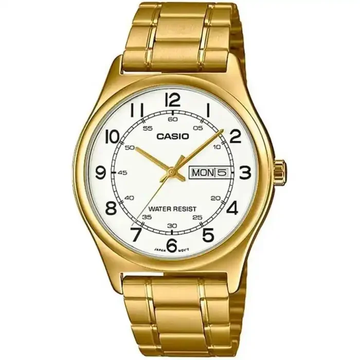Reloj Casio caballero Analógico MTP-V006G-7B correa y caja de acero dorado, esfera blanca con calendario