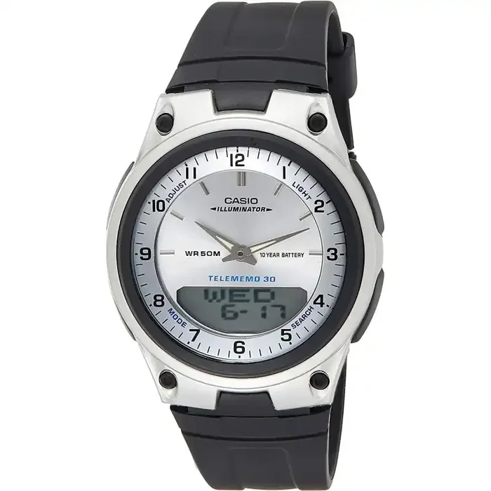 Reloj Casio caballero analógico y digital AW-80-7A esfera plateada correa negra caucho