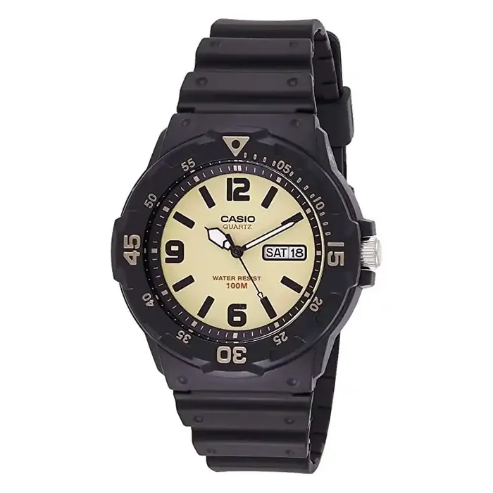 Reloj Casio caballero cadete MRW-200H-5B esfera beig con calendario correa caucho negra