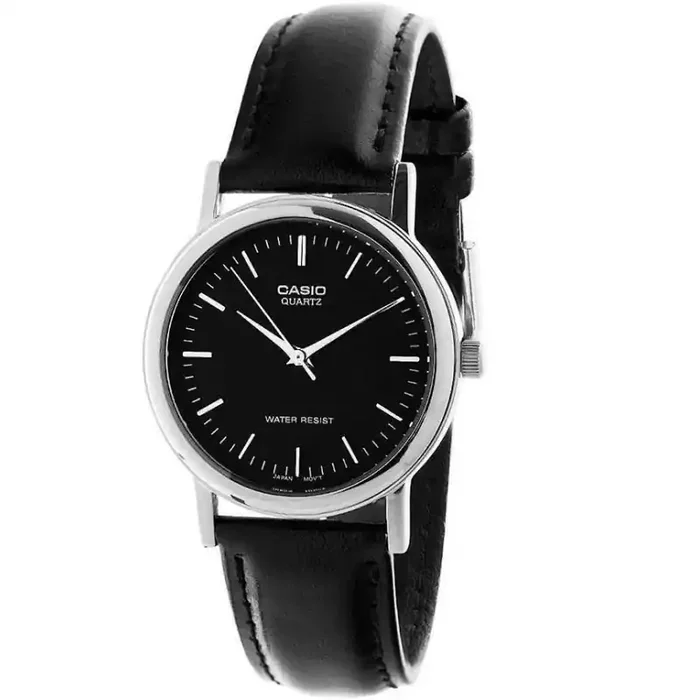 Reloj Casio caballero MTP-1095E-1A esfera negra caja plateada correa piel negra