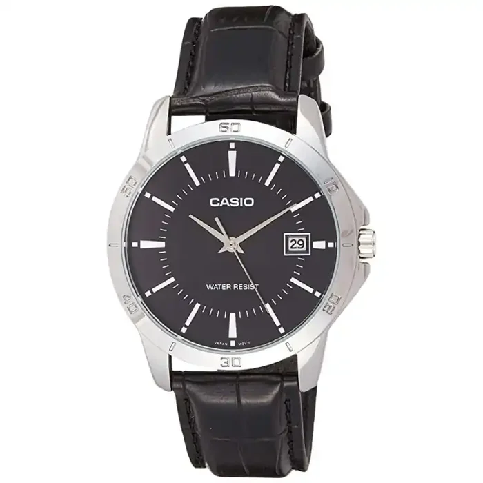 Reloj Casio Caballero MTP-V004L-1A esfera negra correa piel negra
