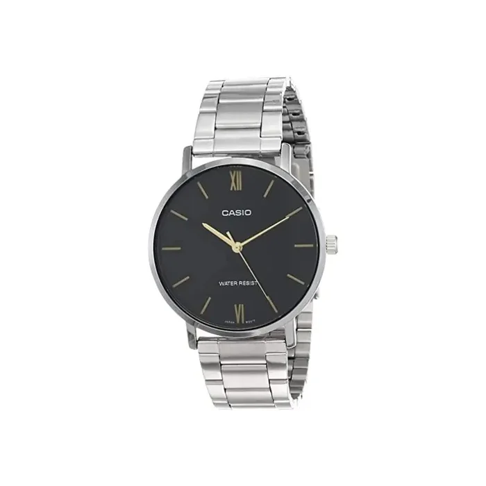 Reloj Casio caballero MTP-VT01D-1B correa metálica esfera negra saetas doradas