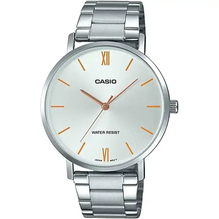Reloj Casio caballero MTP-VT01D-7B esfera plateada saetas cobre correa metálica plateada