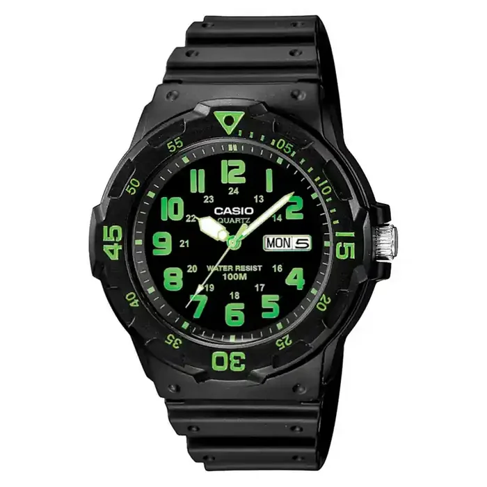 Reloj CASIO Collection MRW-200H-3BV Analógico para hombre correa caucho color negra con número verdes con calendario