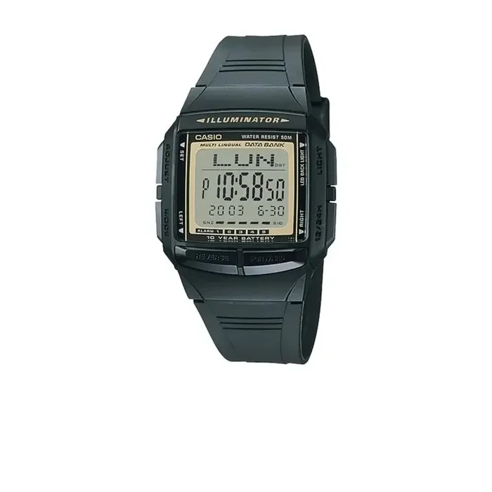 Reloj Casio digital DB-36-9AV correa negra caucho filo dorado esfera negra
