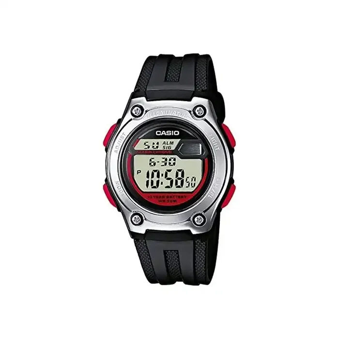 Reloj Casio digital W-211-1B correa caucho negra botones rojos