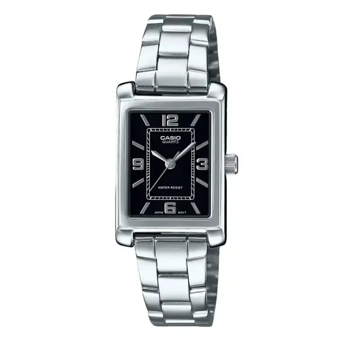 Reloj Casio LTP-1234DD-1A analógico de acero inoxidable con esfera negra y cuarzo para mujer