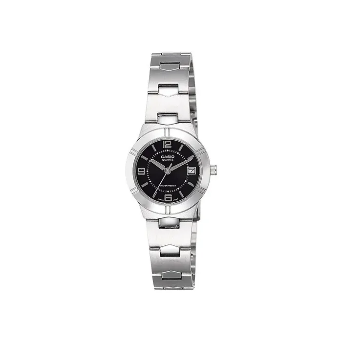 Reloj Casio Ltp-1241D-1A señora correa plateada esfera negra con calendario