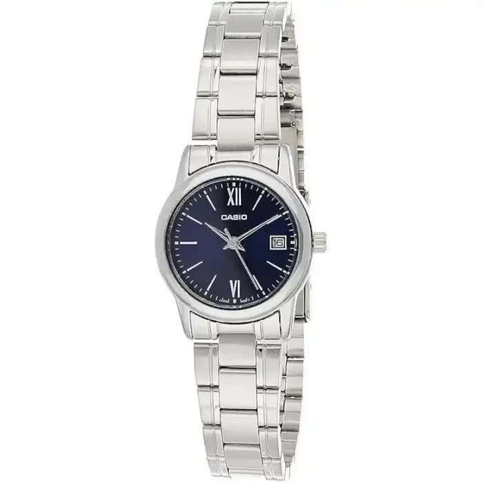 Reloj Casio LTP-V002D-2B señora esfera osucra con calendario correa acero plateada