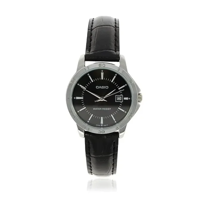 Reloj Casio LTP-V004L-1A para señora correa negra esfera negra con calendario caja plateada