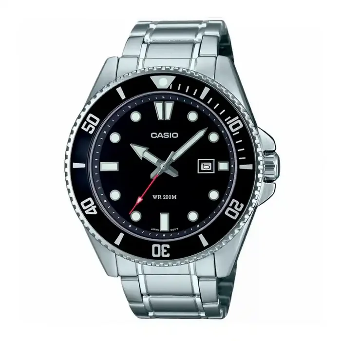 Reloj CASIO MDV-107D-1A1VDF de Pulsera Analógico para Hombre correa acero plateada esfera negra con calendario bisel negro