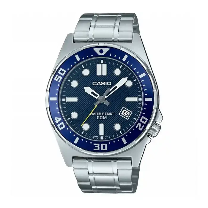 Reloj CASIO MTD-135D-2AVDF Reloj de Pulsera Analógico para Hombre correa acerpo plateada esfera azul con calendario bisel azul