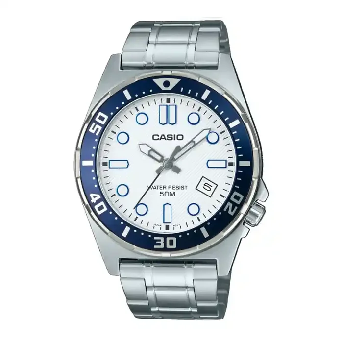 Reloj CASIO MTD-135D-7AVDF Pulsera Analógico para hombre correa de acero plateada esfera blanca con calendario bisel azul