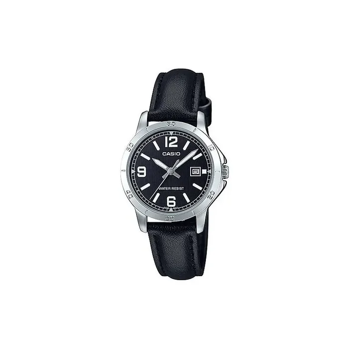 Reloj Casio mujer LTP-V004L-1B esfera negra con calendario caja acero plateada correa negra piel