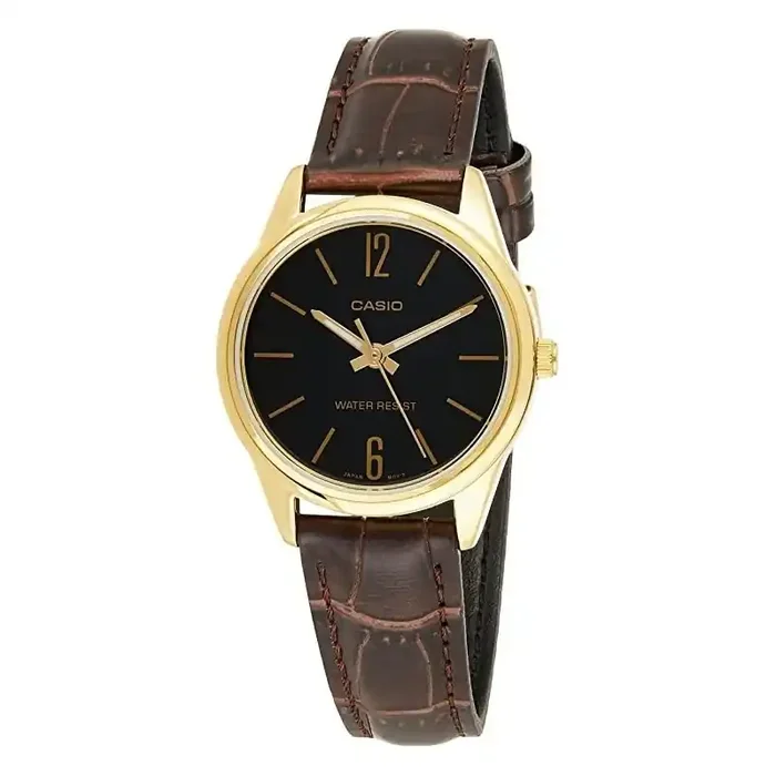 Reloj Casio Mujer LTP-V005GL-1B caja dorada esfera negra corre piel marrón