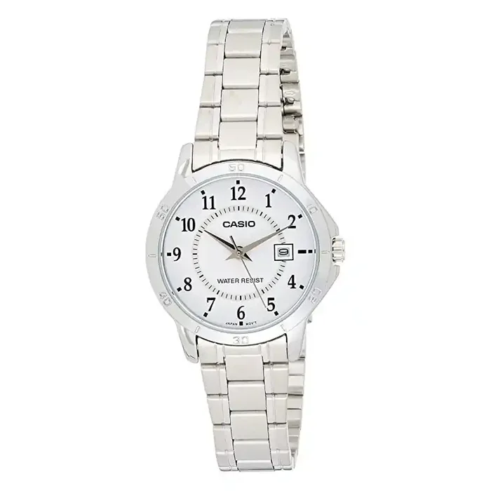 Reloj Casio Señora analógico LTP-V004D-7B esfera blanca con calendario correa metal