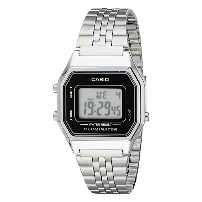Reloj casio señora digital LA680WA-1D correa metálica plateada esfera negra