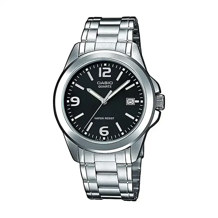 Reloj Casio señora LTP-1259PD-1A correilla plateada efera negra con calendario