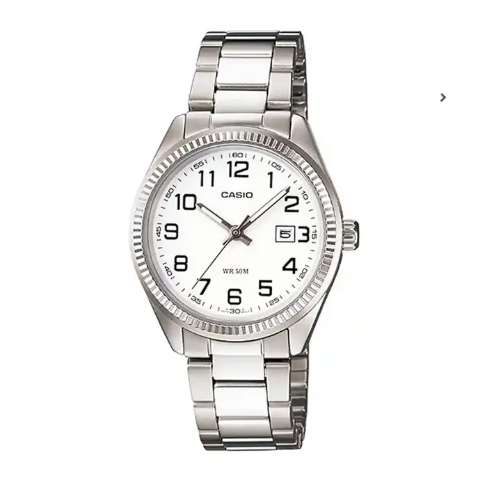 Reloj Casio Señora LTP-1302PD-7B correa acero plateada, esfera blanca con calendario cierre de triple pliegue