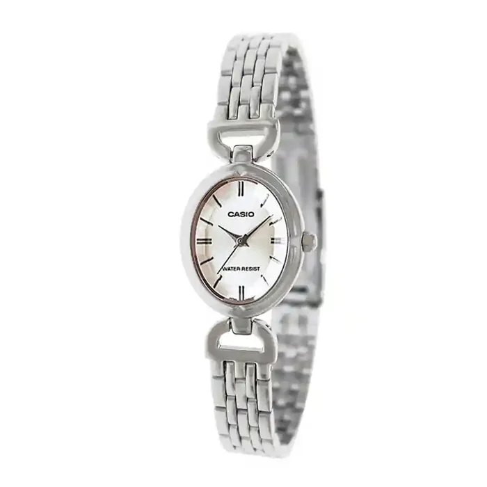 Reloj CASIO señora LTP-1374D-7A analógico caja ovalada correa metálica plateada resistente al agua