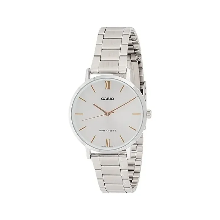 Reloj Casio señora LTP-VT01D-7B esfera plateada saetas cobre correa metálica plateada