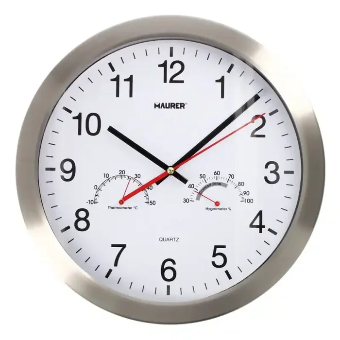 Reloj De Pared Diámetro 30 cm. Con Higrómetro y Termómetro. Frontal En Acero