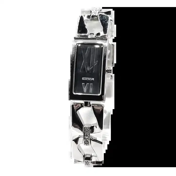 Reloj Suicrom correa acero plateada caja rectangular esfera negra. Tamaño caja 30×15 mm aprox