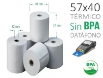 Rollos térmicos 57x40x11 mm papel 58 grs, sin BPA, para datáfonos tarjeta y recargas