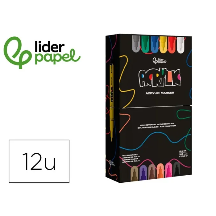 Rotulador liderpapel acrylic base agua todo tipo de superficie punta redonda 3 mm caja de 12 unidades colores surtidos
