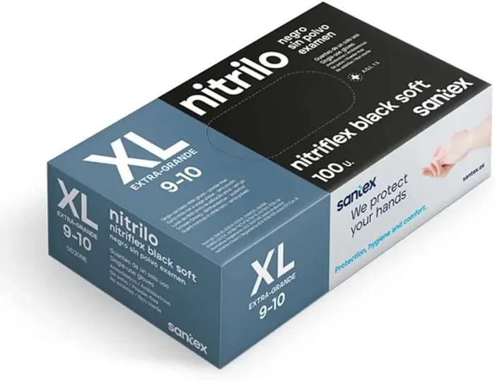 Santex Nitriflex Black Soft Pack de 100 Guantes de Nitrilo para Examen Talla XL – Sin Polvo – Libre de Latex – Ambidiestros – No Esteriles – Color Negro