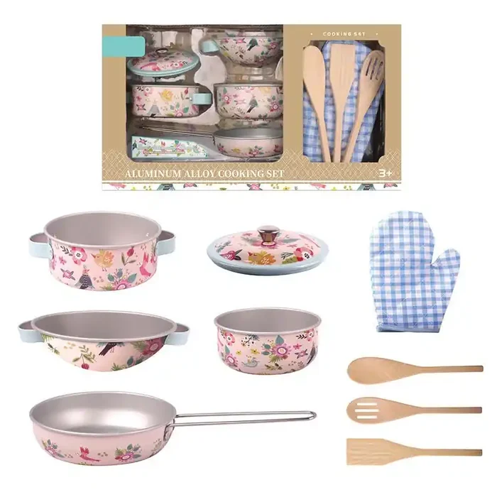 Set de cocicna de juguete con sartene, ollas, escurridor metálicos guante de cocina y paletas edad +18 meses