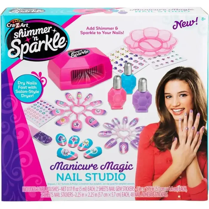 SHIMMER ‘N SPARKLE – Kit manicura uñas postizas para niñas y pintauñas para niñas Incluye esmalte, uñas postizas +8 años