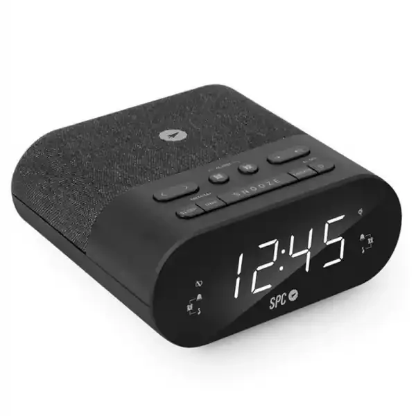 SPC Frodi Qi Radio Despertador con Base de Carga Inalambrica – Almacena Emisoras de Radio – 2 Alarmas Configurables – Color Negro