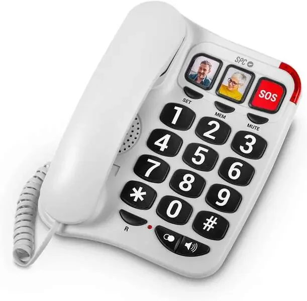 SPC Telefono Fijo para Personas Mayores – Teclas XXL – Llamadas con una Sola Pulsacion – Volumen de Timbre de 93Db – Compatible con Audifonos – sin Pilas ni Conexion a la Luz – Color Blanco