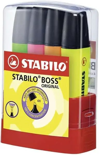 Stabilo Boss 70 Parade Pack de 4 Marcadores Fluorescentes – Trazo entre 2 y 5mm – Recargable – Tinta con Base de Agua – Colores Surtidos