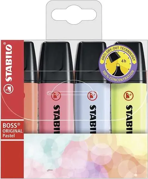 Stabilo Boss 70 Pastel Pack de 4 Marcadores Fluorescentes – Trazo entre 2 y 5mm – Recargable – Tinta con Base de Agua – Colores Surtidos