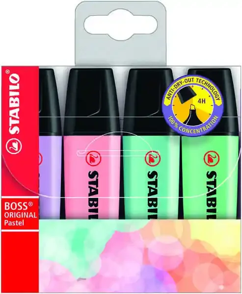 Stabilo Boss 70 Pastel Pack de 4 Rotuladores Marcadores Fluorescentes – Trazo entre 2 y 5mm – Recargable – Tinta con Base de Agua