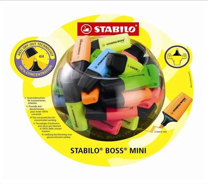 Stabilo Boss Mini Expositor con 50 Marcadores Fluorescentes – Trazo entre 2 y 5mm – Tinta con Base de Agua – Antisecado – Colores Surtidos