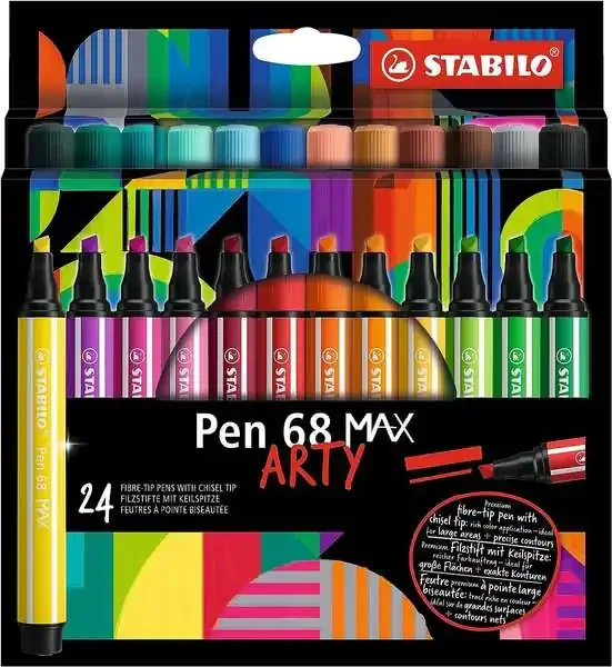 Stabilo Pen 68 MAX Arty Pack de 24 Rotuladores – Punta de Fibra Biselada – Trazo entre 1-5mm aprox. – Tinta a Base de Agua – Colores Surtidos