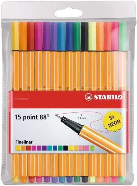 Stabilo Point 88 Pack de 15 Rotuladores de Punta Fina de Fibra – Trazo de 0.4 mm – Tinta con Base de Agua – 10 Colores Surtidos + 5 Neon