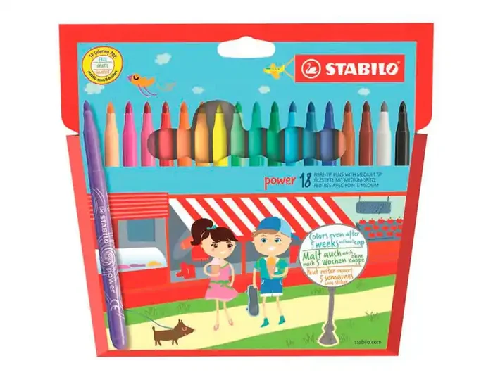 Stabilo Power Pack de 18 Rotuladores de Colores – Punta Media de 2mm – Tinta Lavable – Capuchon Ventilado – Colores Surtidos