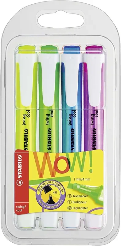 Stabilo Swing Cool Pack de 4 Marcadores Fluorescentes – Cuerpo Plano – Punta Biselada – Trazo entre 1 y 4mm – Tinta con Base de Agua – Antisecado – Colores Surtidos