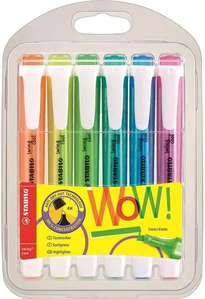 Stabilo Swing Cool Pack de 6 Marcadores Fluorescentes – Cuerpo Plano – Punta Biselada – Trazo entre 1 y 4mm – Tinta con Base de Agua – Antisecado – Colores Surtidos
