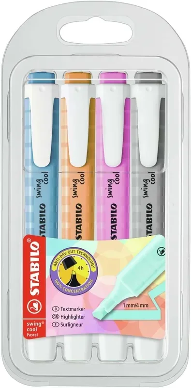 Stabilo Swing Cool Pastel Pack de 4 Marcadores Fluorescentes – Cuerpo Plano – Punta Biselada – Trazo entre 1 y 4mm – Tinta con Base de Agua – Antisecado – Colores Surtidos