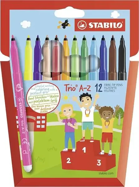 Stabilo Trio AZ Pack de 12 Rotulador de Punta Fina de Fibra – Trazo 0.7mm – Tinta Super Lavable – Forma Triangular – Colores Surtidos