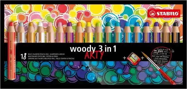 Stabilo Woddy 3 en 1 Arty Pack de 18 Lapices de Colores + Sacapuntas + Pincel – Lapiz de Color, Cera y Acuarela, Todo en Uno – Mina XXL 10mm – Colores Surtidos