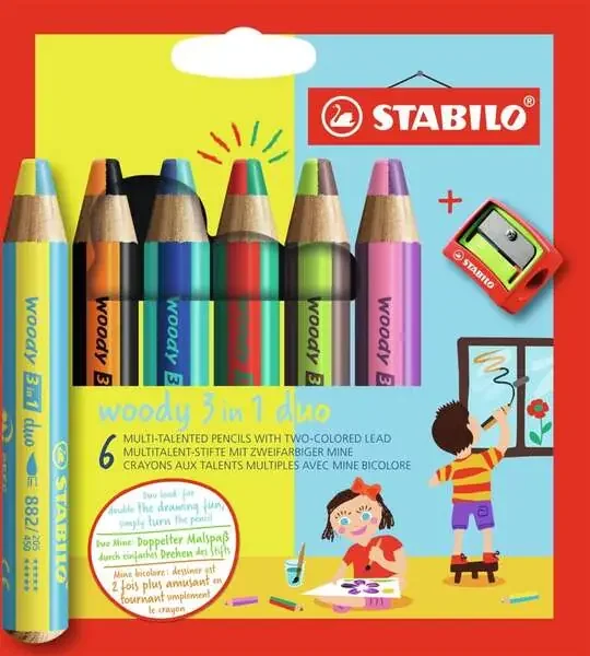 Stabilo Woddy 3 en 1 Duo Pack de 6 Lapices de Colores + Sacapuntas – Mina 2 Colores XXL 10mm – Lapiz de Color, Cera Acuarela, Todo en Uno – Colores Surtidos