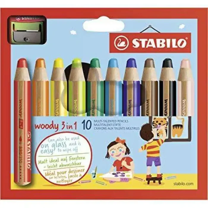 Stabilo Woddy 3 en 1 Pack de 10 Lapices de Colores + Sacapuntas – Lapiz de Color, Cera y Acuarela, Todo en Uno – Mina XXL 10mm – Colores Surtidos