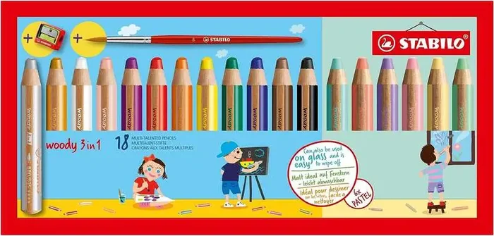 Stabilo Woddy 3 en 1 Pack de 18 Lapices de Colores Incluidos Pastel + Sacapuntas + Pincel Nº 8 – Lapiz de Color, Cera y Acuarela, Todo en Uno – Mina XXL 10mm – Colores Surtidos