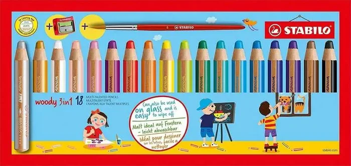 Stabilo Woddy 3 en 1 Pack de 18 Lapices de Colores + Sacapuntas + Pincel Nº 8 – Lapiz de Color, Cera y Acuarela, Todo en Uno – Mina XXL 10mm – Colores Surtidos